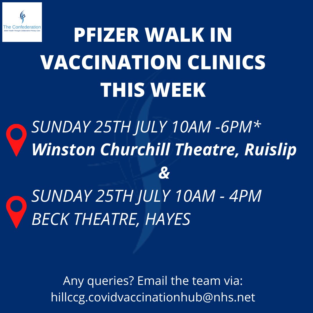 Walk in Clinics this week at our Community Vaccination Site. Come along and get your vaccine! #communityvaccinations #winstonchurchilltheatre #confedhill