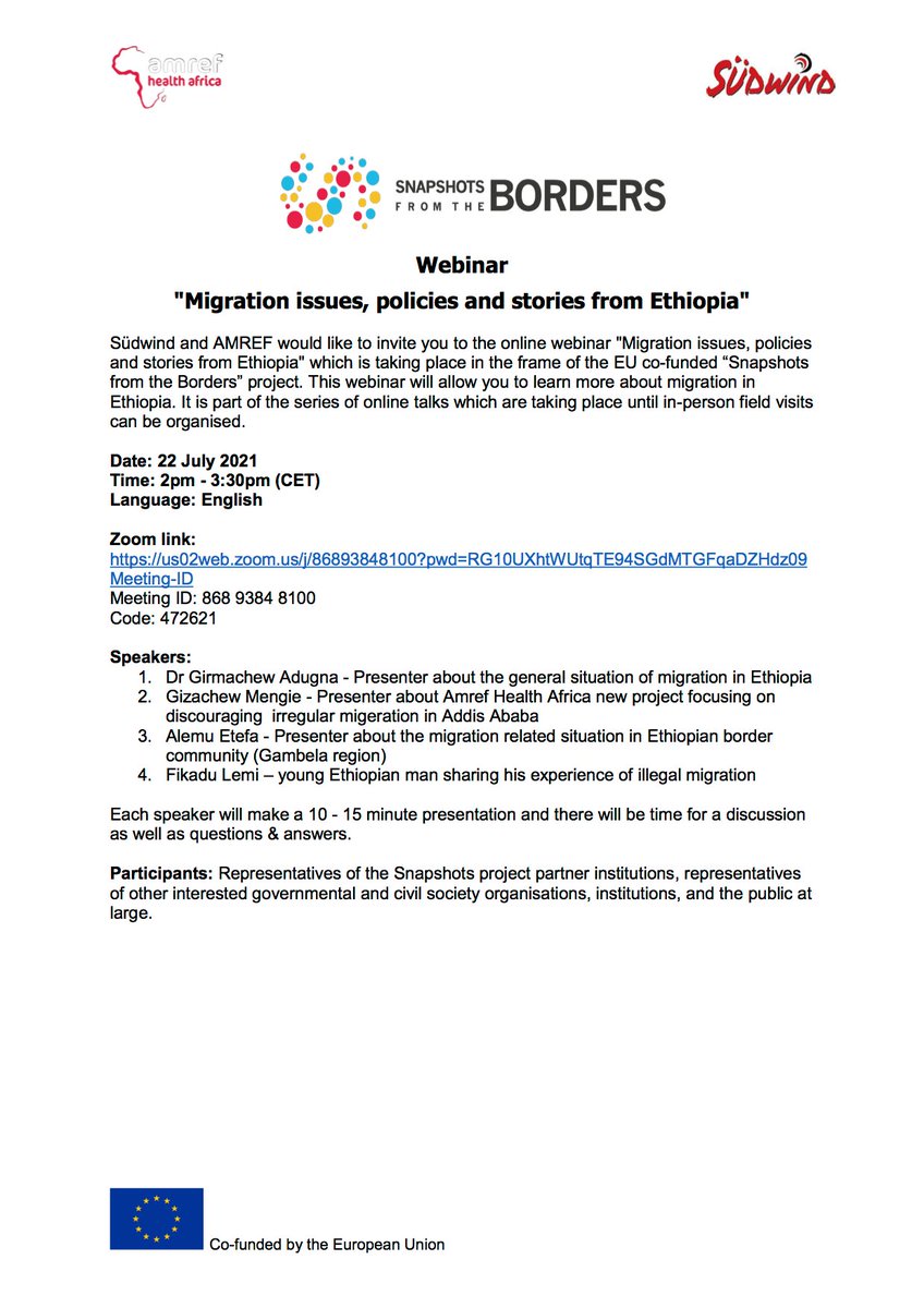Don't miss our webinar dedicated to "Migration issues, policies and stories from Ethiopia", taking place on Zoom tomorrow-
Check out the programme and speakers

#Ethiopia #migration #DEARprogramme #snapshotsfromtheborders #nomorebricksinthewall