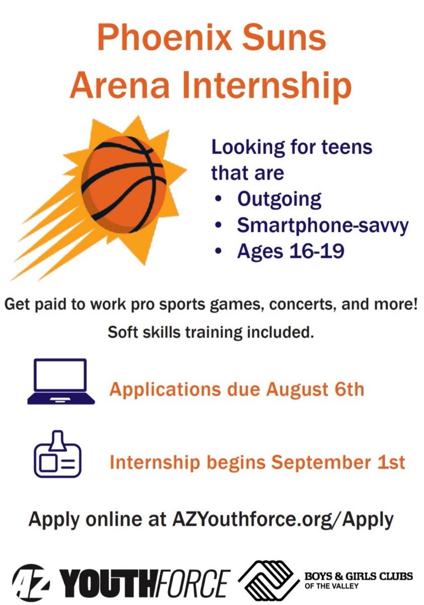 ACYRAZ's tweet photo. Phoenix Suns Arena Internship❗
⭐ Get paid to work pro sports games, concerts, & more!
➡️ Looking for:
- Teens 16-19 years old
- Outgoing Personality
- Smartphone Savvy
💻 Apply online at: https://t.co/0DgNGy6tjo by 8/6!
#PhoenixSunsArena #Internship #AZYouthForce #ACYRAZ https://t.co/kqXZi5y3s1