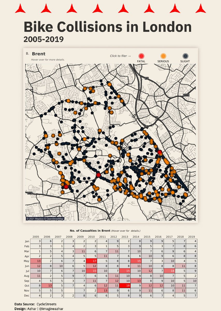 🚨New #dataviz 🚨
#MakeoverMonday  W31
Bike Collisions in London 2005-2019.

There were so many amazing maps, and I noticed most of them were dark-themed. So here's a not-so-dark map.