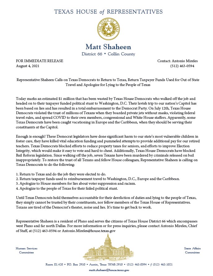 Democrat’s reached a shameful milestone, wasting $1 million on a stunt. I’m calling on them to:
1.  return to TX &amp; do their job.
2. return taxpayer funds used for their travel.
3. apologize to House members for their lies.
4. apologize to the people of TX.
#txlege #getbacktowork