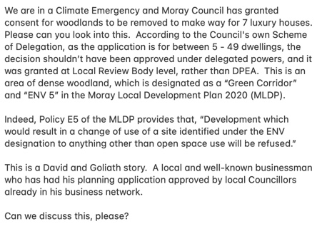 @NicolaSturgeon you have the power to help us, and look into the process that @MorayCouncil followed, which appears to have been incorrect.  This application should be in the hands of @DPEAScotland and shouldn't have been made at delegated level.  Please can we discuss.  #ecocide