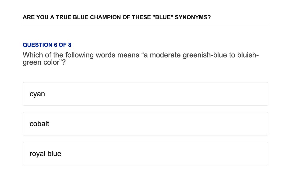 Fun quiz from <a href="/Dictionarycom/">Dictionary.com</a> on the many words that describe hues of blue … graphic designers, you better get question #6 right, or forever hang your head in shame! dictionary.com/games/quizzes/…
