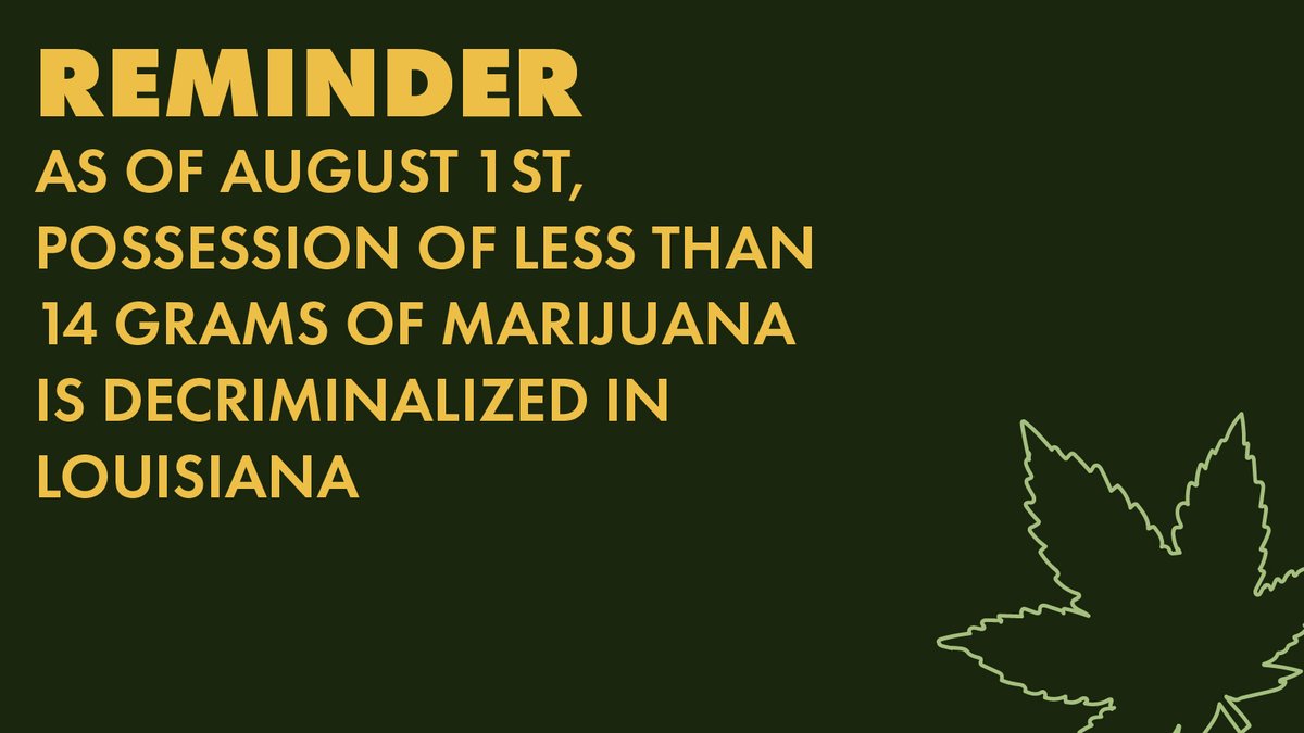 LAProgressAct's tweet image. 🧵| On August 1st, Louisiana decriminalized possession of up to 14 grams of Marijuana with a maximum penalty now being a $100 fine. In this thread, we answer frequently asked questions about the new law. 

Thanks to @MayorGlover, #LaLege, #Lagov for making this possible.