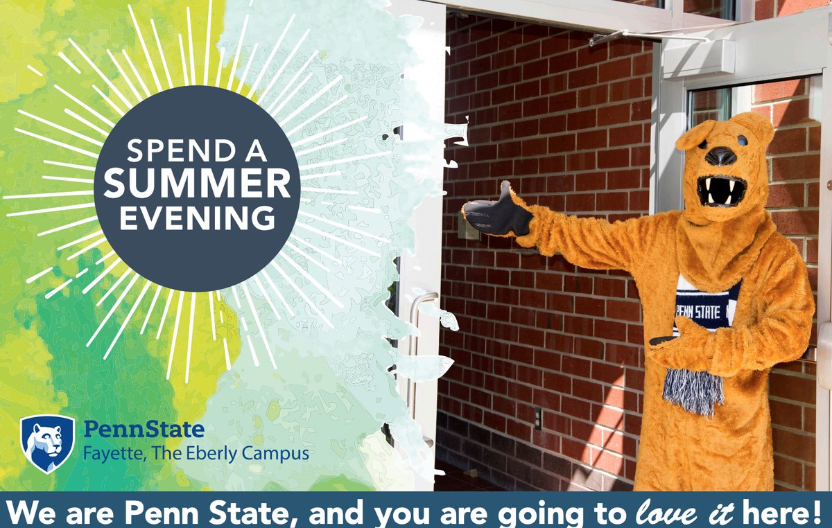 Spend a Summer Evening at Penn State Fayette on August 18! Attend a presentation by our friendly admissions counselors, tour the campus, and discover student life at Fayette. RSVP: ow.ly/LYe150Fs1Oa