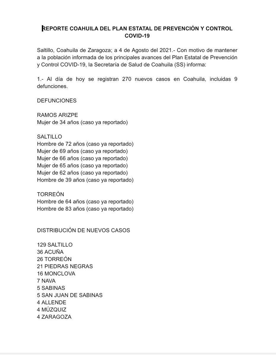 GobDeCoahuila's tweet photo. 📍#REPORTE #COAHUILA DEL PLAN ESTATAL DE PREVENCIÓN Y CONTROL #COVID_19

• Actualización 🗒️ 4 de agosto.

Con motivo de mantener a la población informada de los principales avances del Plan Estatal de Prevención y Control COVID-19, la @SS_Coahuila informa: https://t.co/PcrNBxqu2E