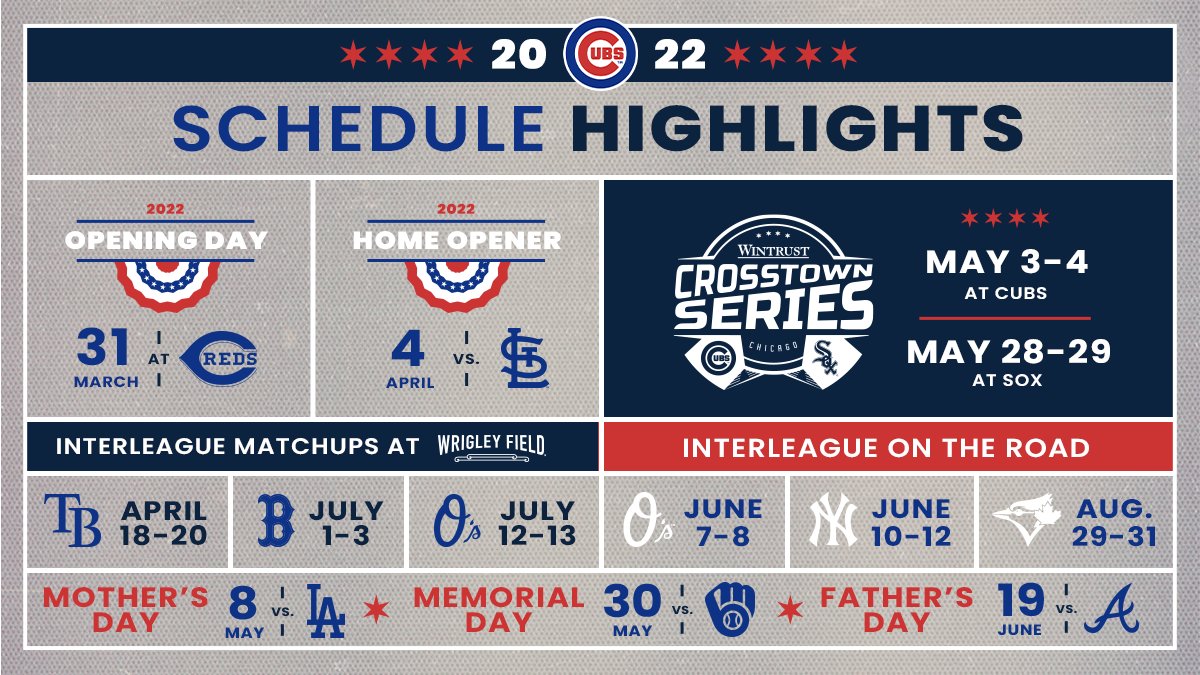 I Cubs Schedule 2022 Chicago Cubs On Twitter: "The #Cubs Will Open Their 147Th Season Thursday,  March 31. Check Out The Full 2022 Regular Season Schedule:  Https://T.co/X6Ajudbufm Https://T.co/6Frwvggjdj" / Twitter