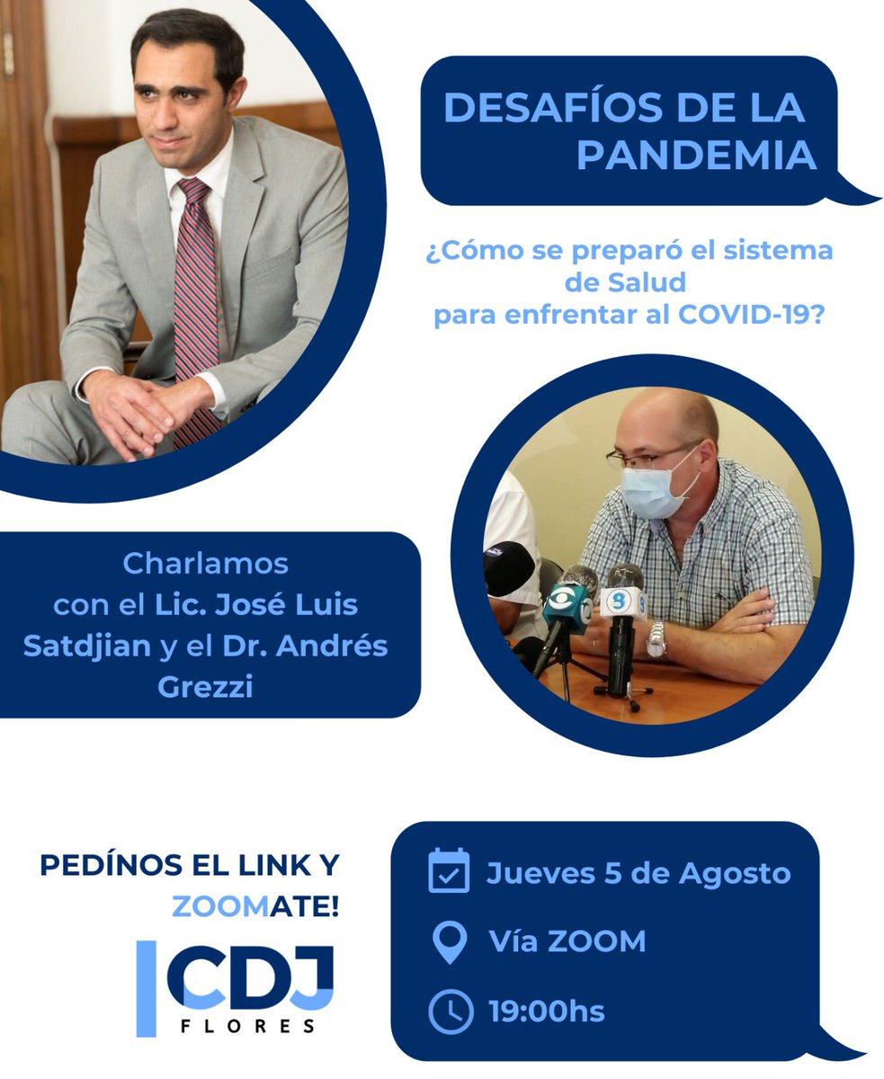 CDJFloresUY's tweet photo. DESAFÍOS DE LA PANDEMIA
¿Cómo se preparó el sistema de Salud para enfrentar al COVID-19?

Los invitamos este Jueves a un gran mano a mano con el Subsecretario del Ministerio de Salud Pública @JoseSatdjian y el Director de Salud de nuestro Departamento @AndresGrezzi. https://t.co/SCmGP0R16N