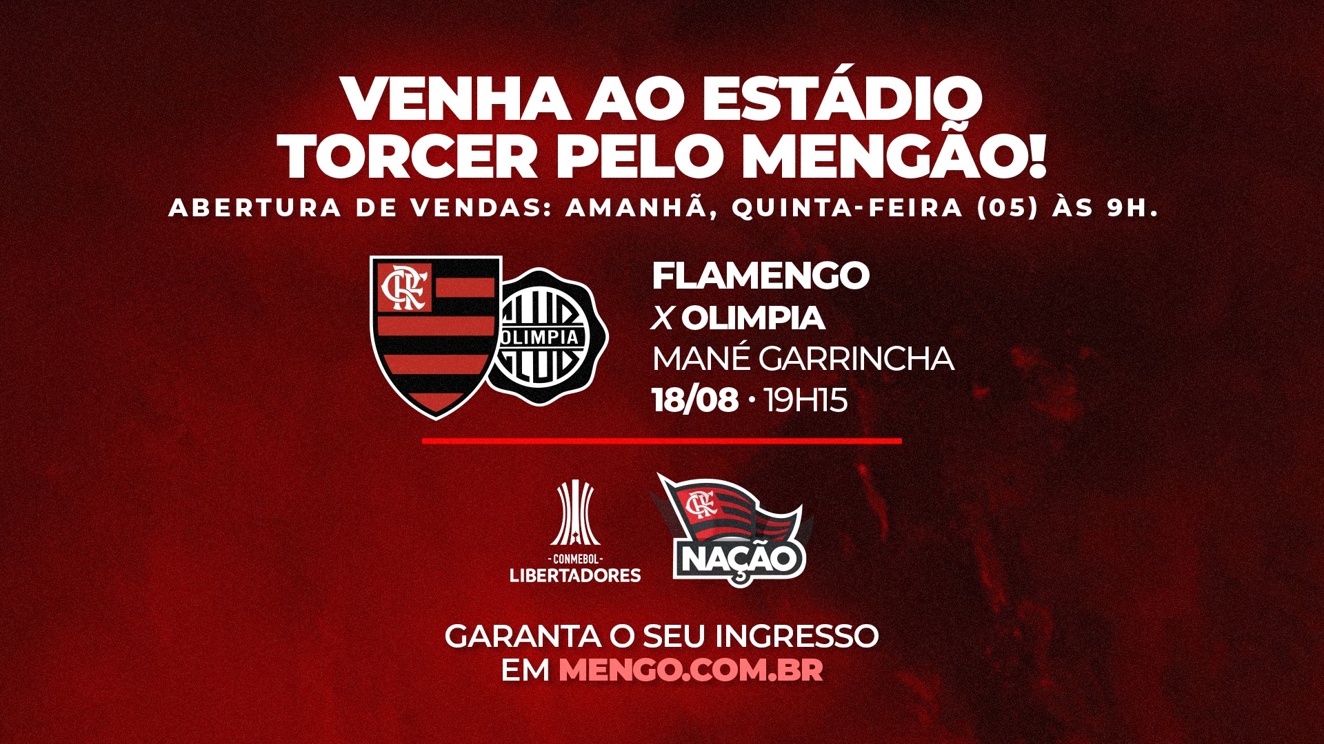 Flamengo on X: Nação, o jogo entre Flamengo e Olimpia, pelas quartas de  final da Conmebol Libertadores, no dia 18/08, será disputado no Mané  Garrincha, em Brasília. A venda de ingressos começa