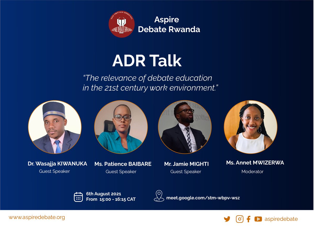 AspireDebateR's tweet photo. Hello #Debaters, #RwOT #YOUTH
We are excited to have you in attendance.
Don't dare to miss out... Our speakers have alot to share you. @MightiJamie @annet_mwizerwa #ChatWithADR https://t.co/rq0c01Qs1j