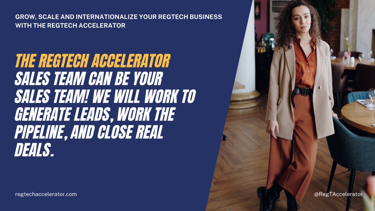 Technocelerator's tweet image. The #RegTech #Accelerator #sales team can be your sales team! We will work to generate leads, work the pipeline, and close real deals.

Grow, scale and internationalize your #RegTech Business with the #RegTechAccelerator

regtechaccelerator.com
