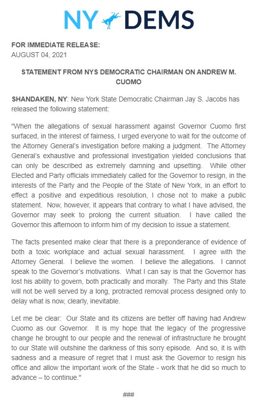 Statement from Chairman Jay S. Jacobs on Andrew M. Cuomo. Read more here: nydems.org/press