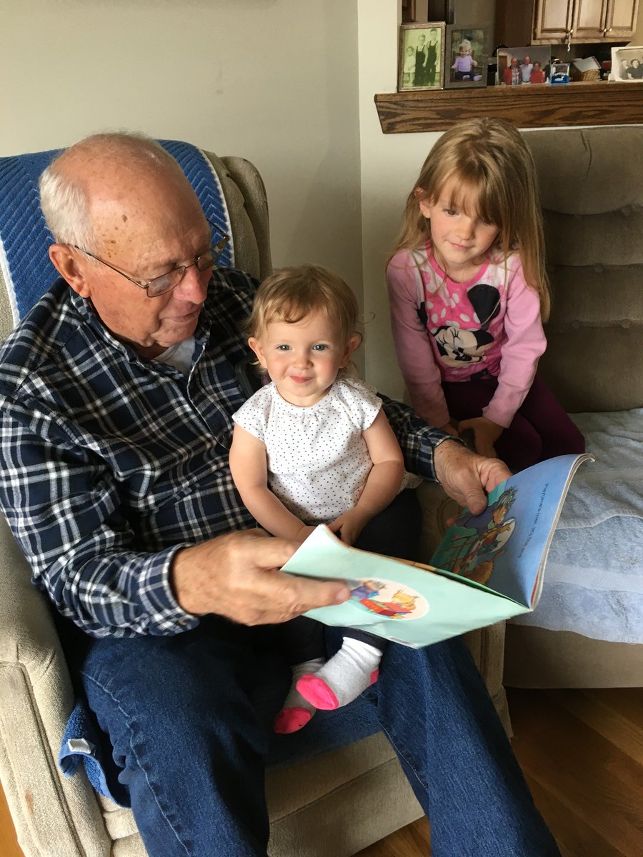 Back in the spring during a visit with family, my girlies brought their books and snuggled in close as Great-Grandpa read to them. Enjoying stories together is the best!