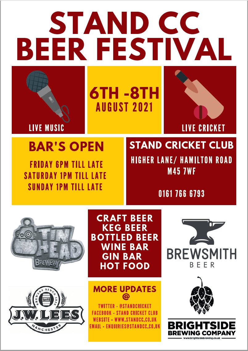 Stand CC (@standcricket) on Twitter photo This Friday our annual beer festival begins! Join us from 6pm for:
- 🎤 Live music
- Craft 🍻 from <a href="/TinHeadBrewery/">Tin Head</a> <a href="/JWLeesBrewery/">JW Lees</a> <a href="/BrightsideBrew/">Brightside Brewing Company</a> <a href="/BrewsmithBeer/">BrewsmithBeer</a>
- Wine and gin bar
- Hot food
Bring your friends and spread the word! This Friday our annual beer festival begins! Join us from 6pm for:
- 🎤 Live music
- Craft 🍻 from <a href="/TinHeadBrewery/">Tin Head</a> <a href="/JWLeesBrewery/">JW Lees</a> <a href="/BrightsideBrew/">Brightside Brewing Company</a> <a href="/BrewsmithBeer/">BrewsmithBeer</a>
- Wine and gin bar
- Hot food
Bring your friends and spread the word!