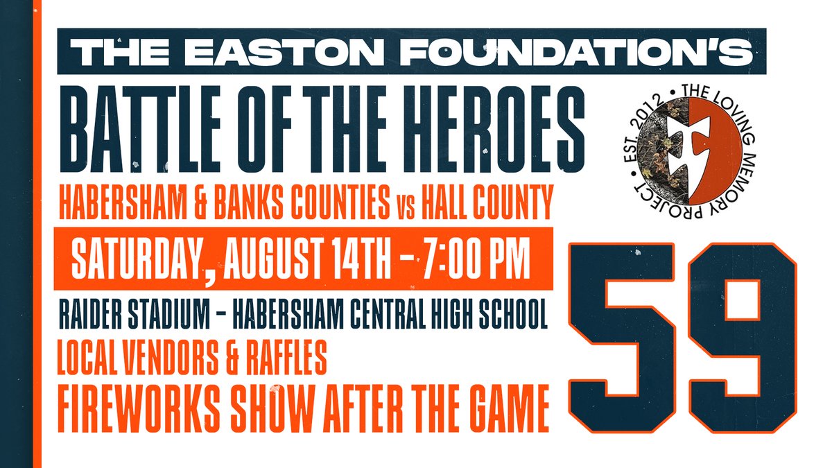 EastonFDN's tweet photo. We are 1 Week from Gameday! Join us next Saturday the 14th, for the 8th Battle of the Heroes Event!  Check out the Cruise In beginning at 4:30, then kickoff for the football game, and cap off the night with the Fireworks Extravaganza! Hope to see you all there! https://t.co/3orHBfXeOr