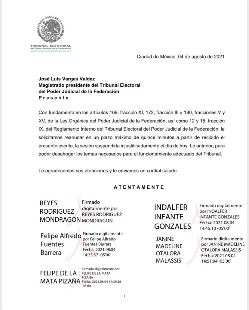 Oficio mediante el cual, cinco integrantes del pleno de la Sala Superior del <a href="/TEPJF_informa/">TEPJF</a> , solicitamos se reanude la sesión pública