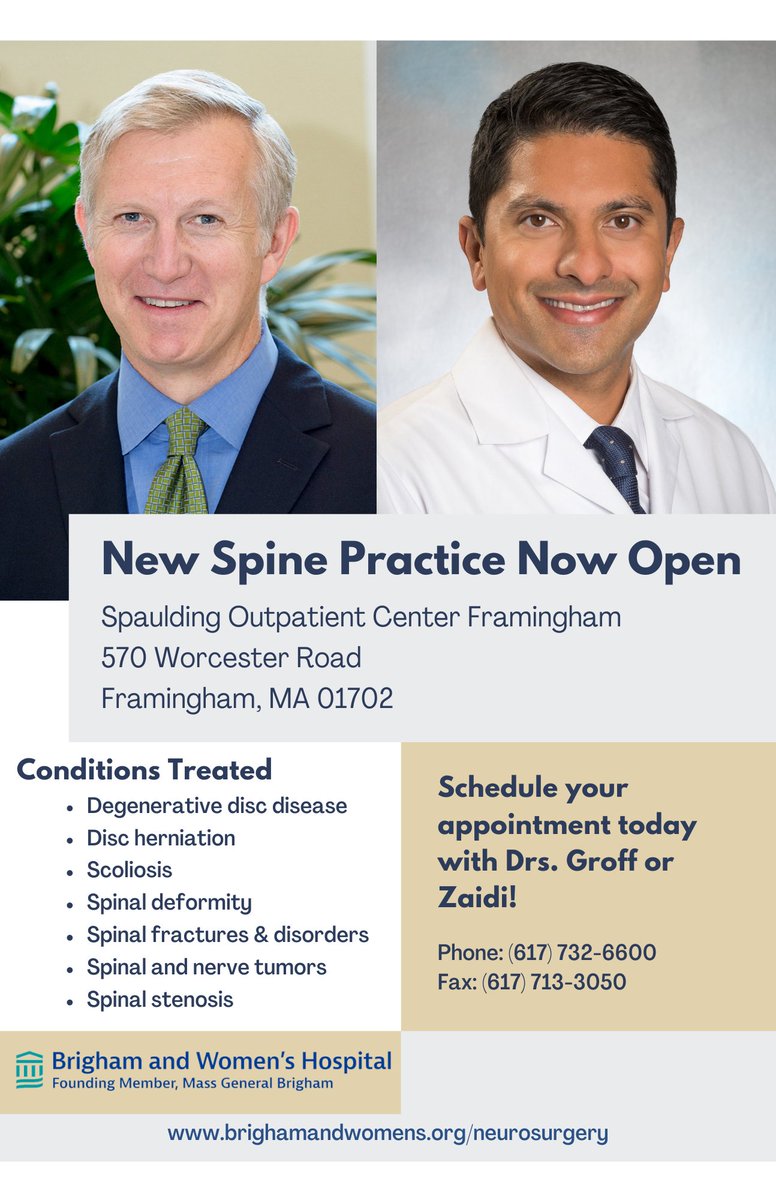 BWHNeurosurgery's tweet photo. A new spine practice is now open in Framingham! Dr. Michael Groff and Dr. Hasan Zaidi from Brigham and Women’s Neurosurgery are now accepting new patients!
Make your appointment today!
#BWHNeurosurgery #BWH #Framingham #Spine #Scoliosis #SpinalDeformity #SpinalFractures https://t.co/RMcXbkxW2O