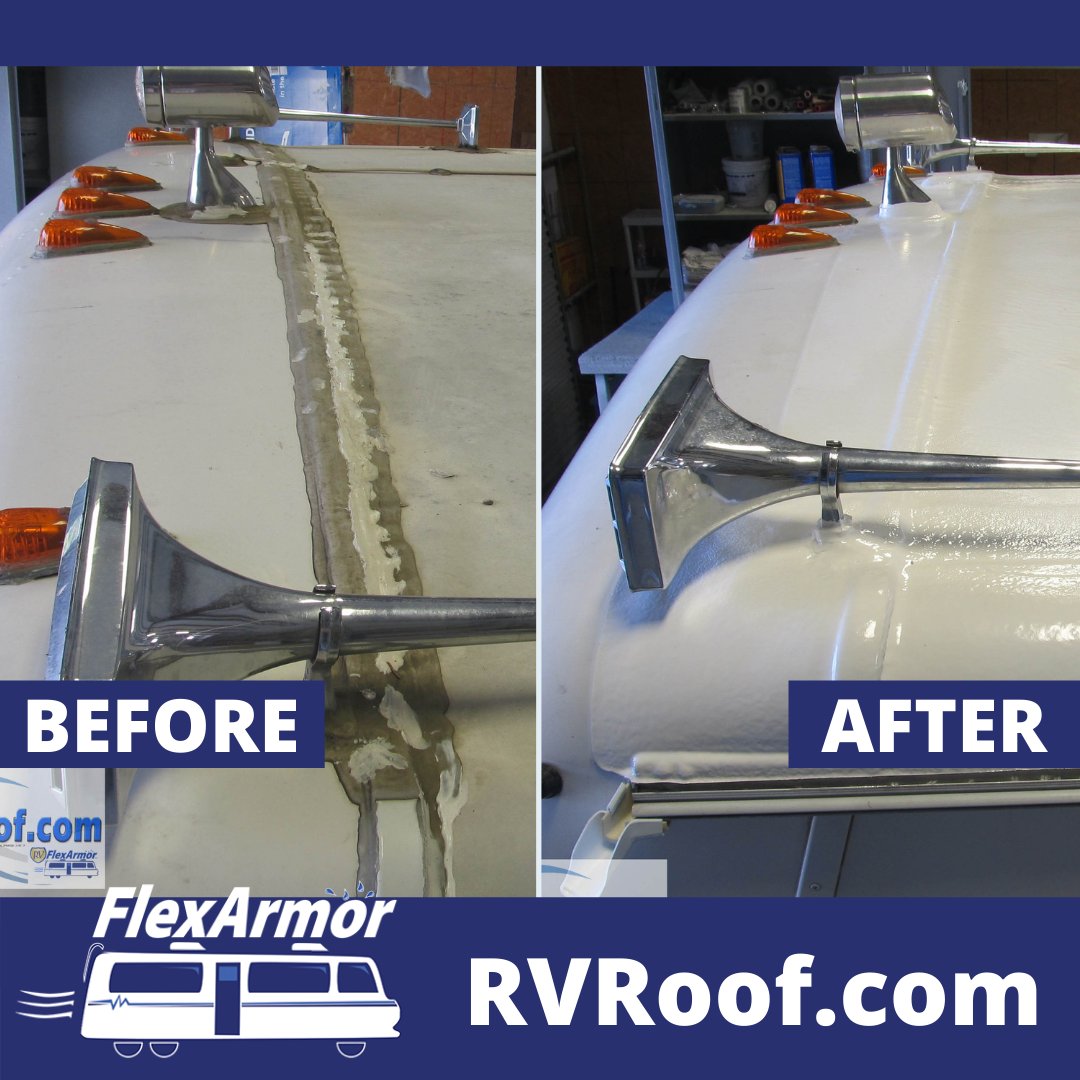 Before and after pictures of a RV roof repair after having FlexArmor applied. Nothing beats our product and our Triple Lifetime Guarantee!

#rvroof #rvroofrepair #rvlife #guaranteedforlife