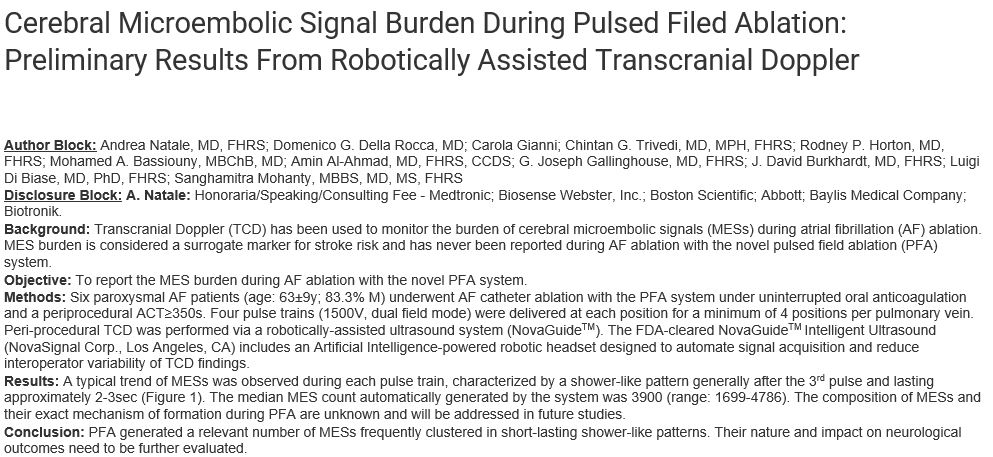 Robotically Assisted Transcranial Doppler shows that bubbles from single shot #pulsedfieldablation catheters are propagating to the brain.  Thanks <a href="/natale_md/">Andrea Natale MD</a> and colleagues for propelling the field forward.

#epeeps