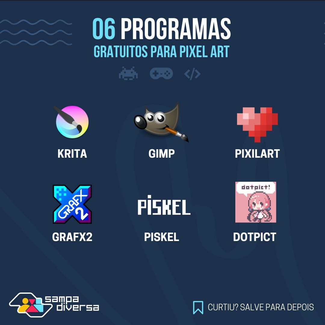 SampaDiversa's tweet photo. Conheça 06 Programas #gratuitos para #PixelArt que o ajudará a dar vida aos seus projetos.
💙 @Krita_Painting, @gimp_official, @pixil_art, #Grafx2, #Piskel e @dotpict.
Quais desses você ainda não conhecia?
Conhece algum que não veio pra lista? Recomende ele pra gente! https://t.co/3eaECF1Cg0