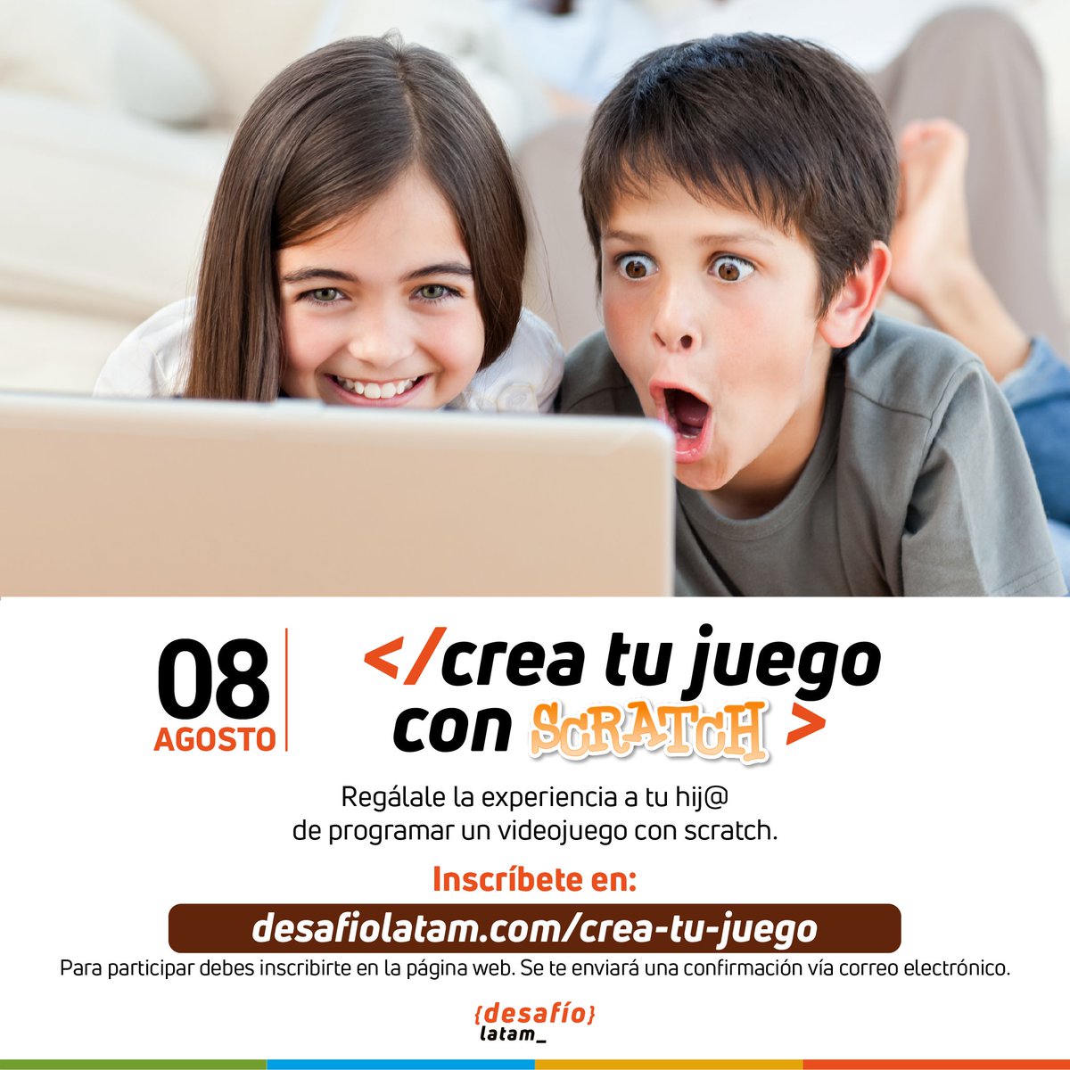DesafioLatam's tweet photo. ¡Regálale a tus hij@s una entretenida forma de aprender programación con #Scratch! 👧👦🎮

◾ El taller se estrenará el Domingo 8 de Agosto a las 11 am. 
◾ Para participar inscríbete y sintoniza el estreno en:
https://t.co/0kzbahOR1t https://t.co/seOzrSyfY4