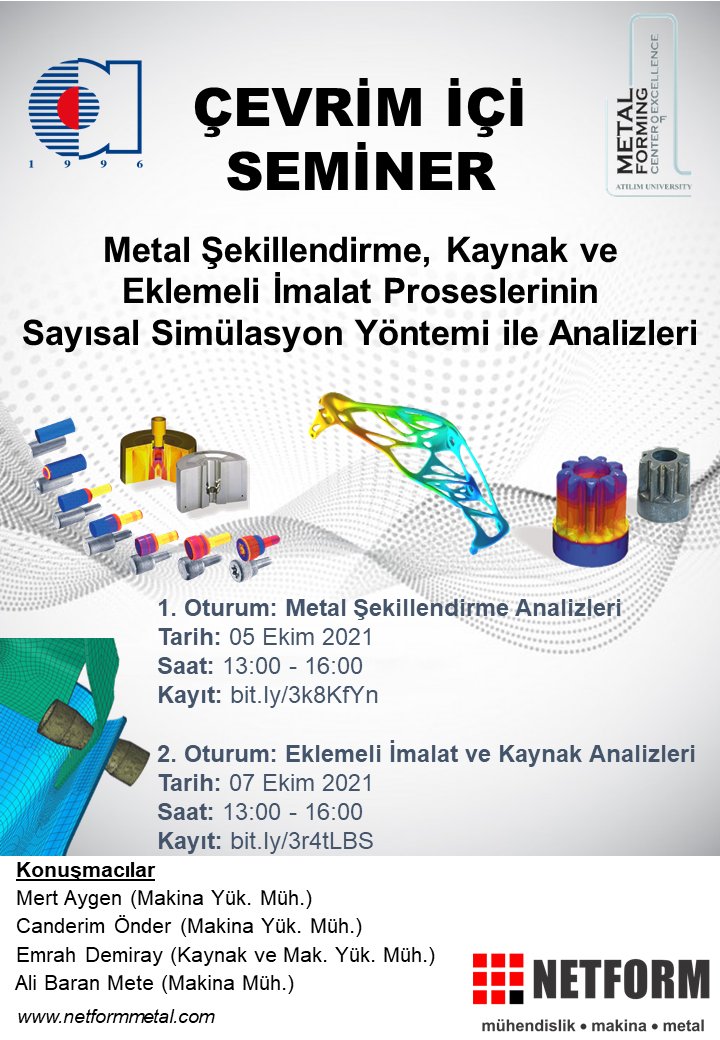 Atılım Üniversitesi Metal Şekillendirme Mükemmeliyet Merkezi ve NETFORM Mühendislik, "İmalat Yöntemlerinin Sayısal Simülasyon Yöntemi ile Analizleri" konusunda çevrim içi seminer düzenleyecektir.

1. oturum kayıt: bit.ly/3k8KfYn
2. oturum kayıt: bit.ly/3r4tLBS