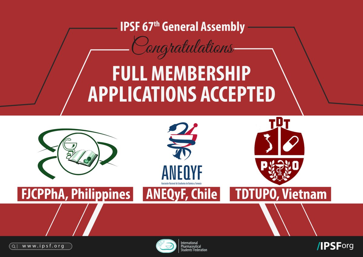 IPSForg's tweet photo. Congratulations to:
- FJCPPhA, Philippines
- ANEQyF, Chile
- TDTUPO, Vietnam
For being accepted as full members of IPSF! We canβt wait to see all the amazing ways they will contribute to future IPSF activities around the world.
#IPSForg #67thGeneralAssembly https://t.co/A9I08AiAuN