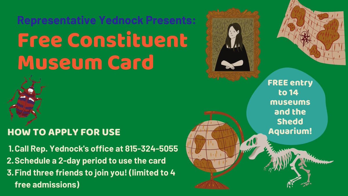 Need something fun and educational to do this summer with the family?

🎟 Get FREE access to 14 of Illinois' finest museums plus access to Brookfield Zoo and the Shedd Aquarium 

☎️  Call my Constituent office at 815-324-5055 for more information