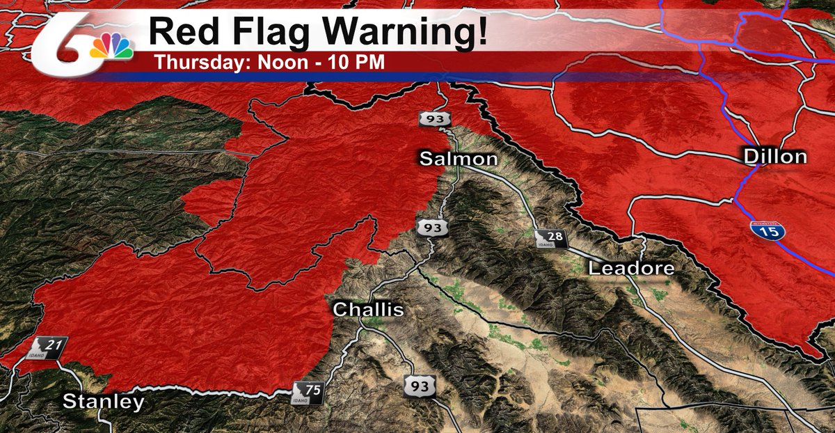 DougIWeatherGuy's tweet photo. @KPVI Storm Tracker...HIGHER THAN USUAL FIRE DANGER for Thursday due to the threat of gusty winds (40-50 mph) from thunderstorms. #redflagwarning 🔥
📍 #stanleyidaho #losttrail #salmonnationalforest #dillonmontana #continentaldivide https://t.co/7fjYx8XhKW