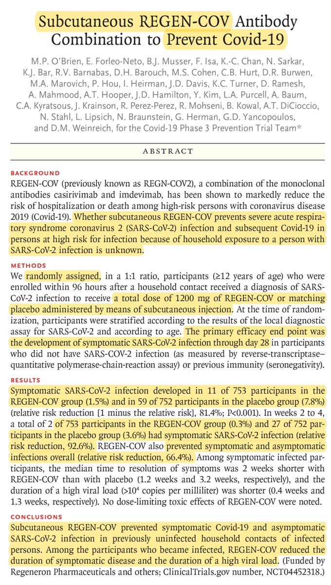 Just published <a href="/NEJM/">NEJM</a>
Prevention of Covid for household contacts with exposure via a single subcutaneous injection: results of a randomized trial of combination monoclonal antibodies shows marked benefit
 nejm.org/doi/full/10.10…