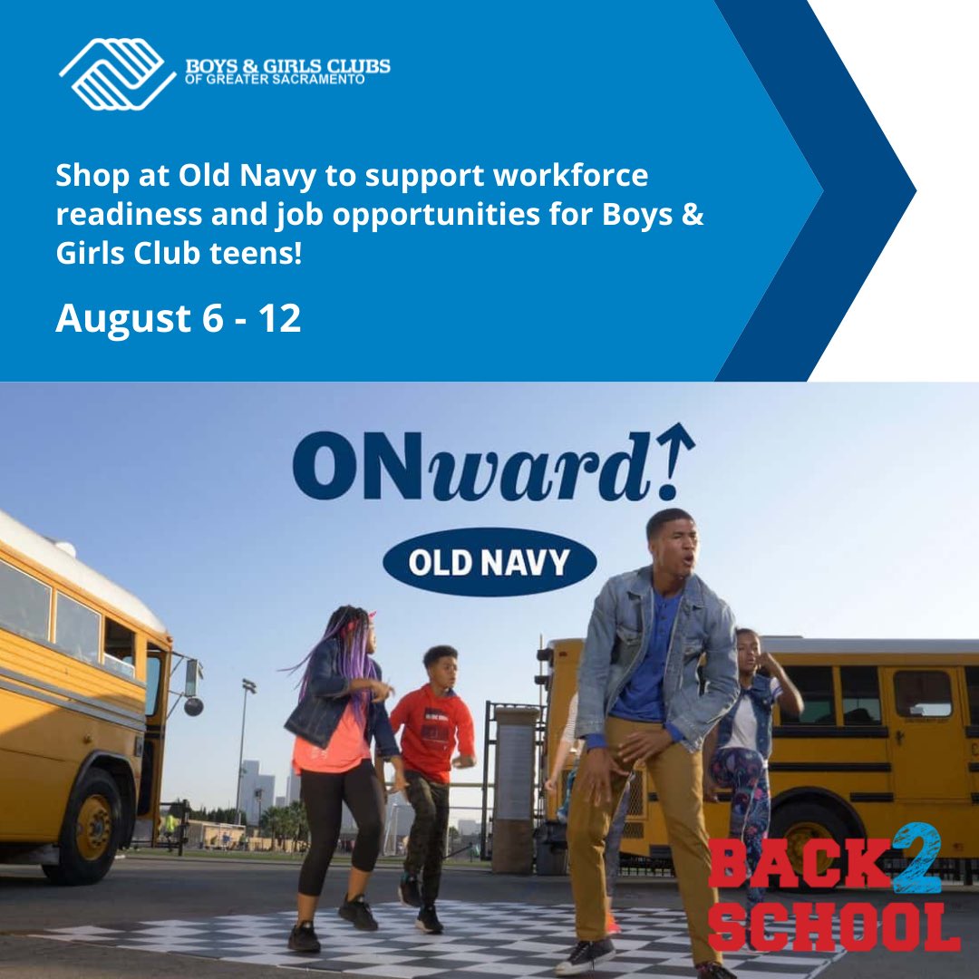 August 6 - August 12, visit any Old Navy store to donate to Boys &amp; Girls Clubs in support of workforce readiness &amp; job opportunities for teens. Customers who donate $5 or more in-store will receive a $5 instant coupon off their $35 purchase. You can donate online too!