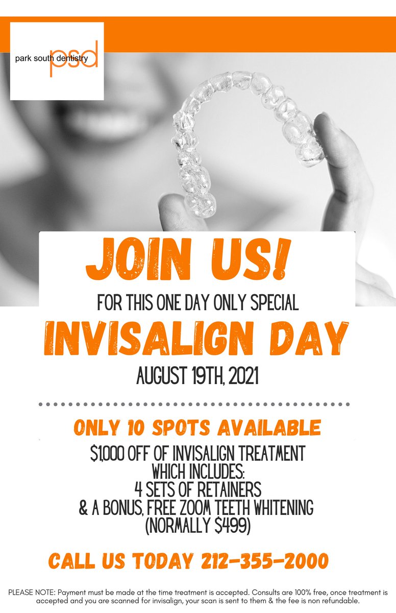 We are so excited to invite you to Invisalign Day on August 19th! For one day only we are offering 10 spots for $1,000 off of Invisalign treatment. Call us today at (212) 355 - 2000 to get a straighter, brighter smile!

#ParkSouthDentistry #NewYorkNY #InvisalignDay #Invisalign