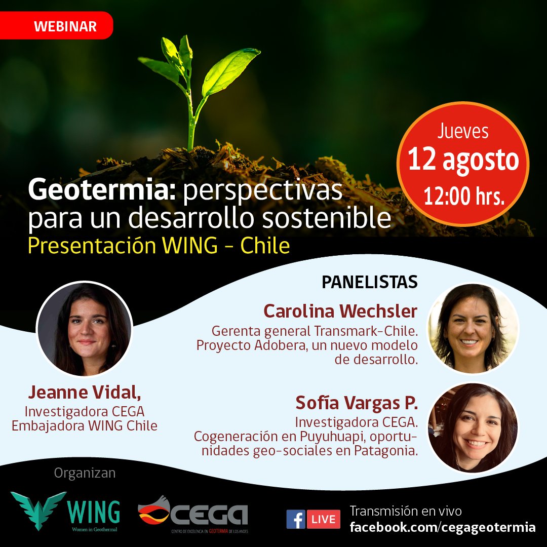 WING_geothermal's tweet photo. #wingchile is having a monthly webinar series! #wingAmericaLatina #sostenible #CEGA #renewableenergyinchile #womeningeothermal #womeninsustainableenergy #latinasingeothermal #chilegeothermal #lovegeothermal #WINGWIN #wingwins #mensupportingwomen #mensupportingwomeningeothermal https://t.co/BXOhKyhhjX