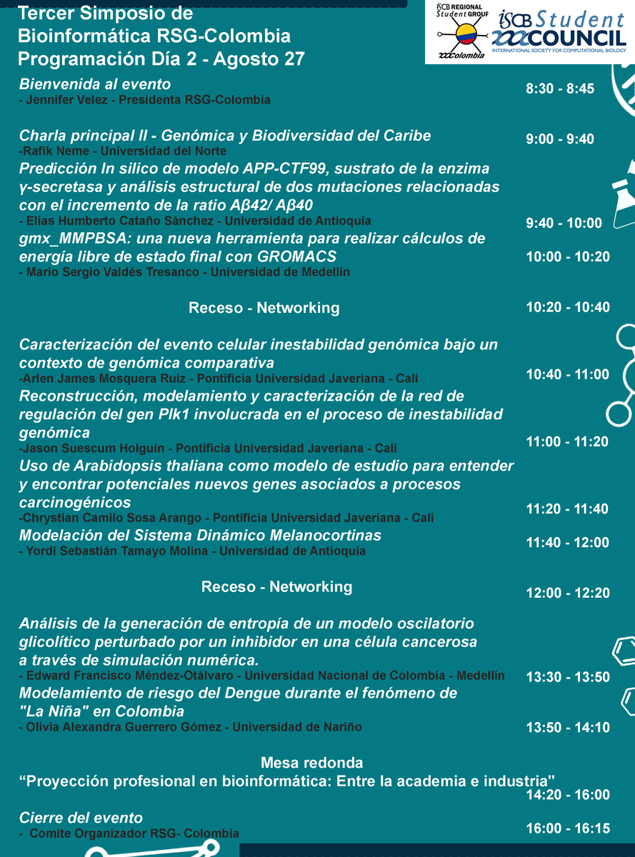 rsgcolombia's tweet photo. ⏰Ya esta llegando el Tercer Simposio de Bioinformática RSG-Colombia. 
Fecha: Agosto 26 - 27. 
Inscripciones: https://t.co/6cJOEBPCab
Aquí la programación 👇👇👇 https://t.co/szxcvgiHKy