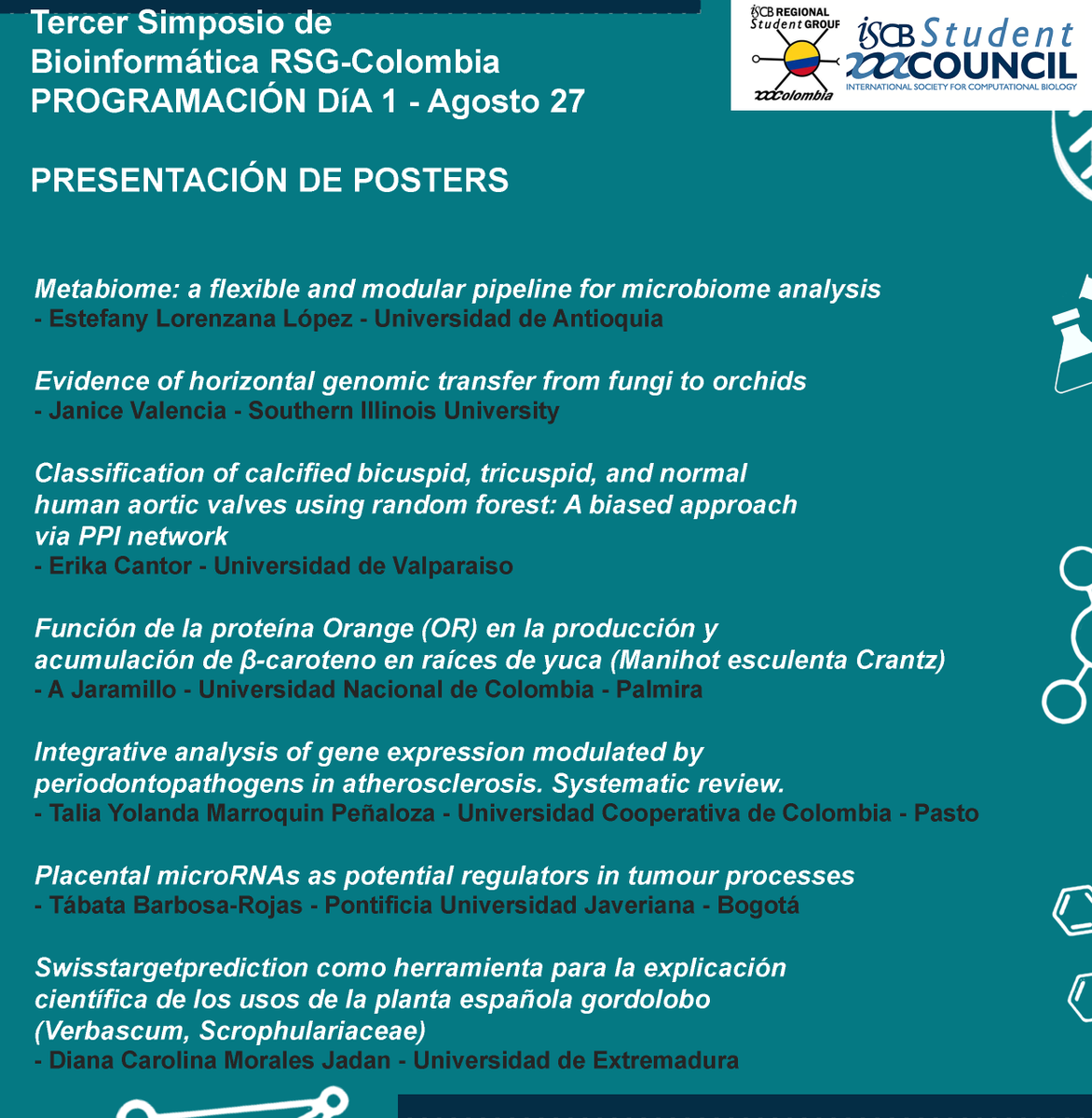 rsgcolombia's tweet photo. ⏰Ya esta llegando el Tercer Simposio de Bioinformática RSG-Colombia. 
Fecha: Agosto 26 - 27. 
Inscripciones: https://t.co/6cJOEBPCab
Aquí la programación 👇👇👇 https://t.co/szxcvgiHKy