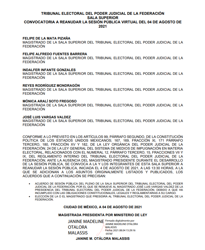 📢Oficio de "Convocatoria para reanudar la #SesiónPública virtual del 04 de agosto de 2021" de la Sala Superior del <a href="/TEPJF_informa/">TEPJF</a>. Síguela en <a href="/TEPJF_EJE/">Escuela Judicial Electoral</a>