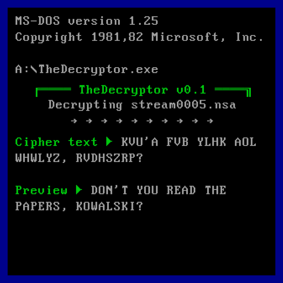 the_decryptor's tweet photo. The Decryptor is a super-secret computer program that can decrypt any ciphertext. Check OpenSea for 2,000 classified #NFT on The Decryptor. https://t.co/4kVSYy0DEE https://t.co/RnF0bMjU3P