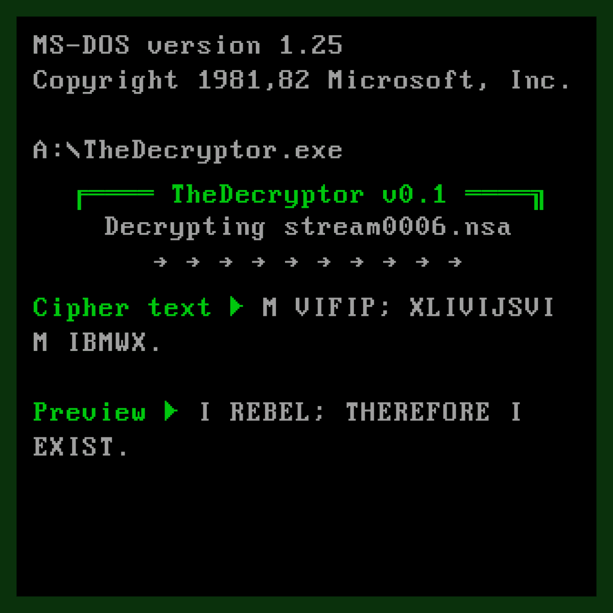 the_decryptor's tweet photo. The Decryptor is a super-secret computer program that can decrypt any ciphertext. Check OpenSea for 2,000 classified #NFT on The Decryptor. https://t.co/4kVSYy0DEE https://t.co/RnF0bMjU3P