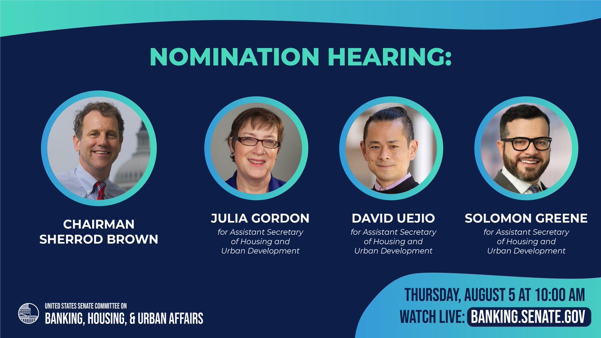 Tomorrow, the @SenateBanking and Housing Committee will hear from three @HUDgov nominees who understand our country's housing crisis and will work to bring down rents and help more families get a mortgage and join the middle class. TUNE IN here or via banking.senate.gov.