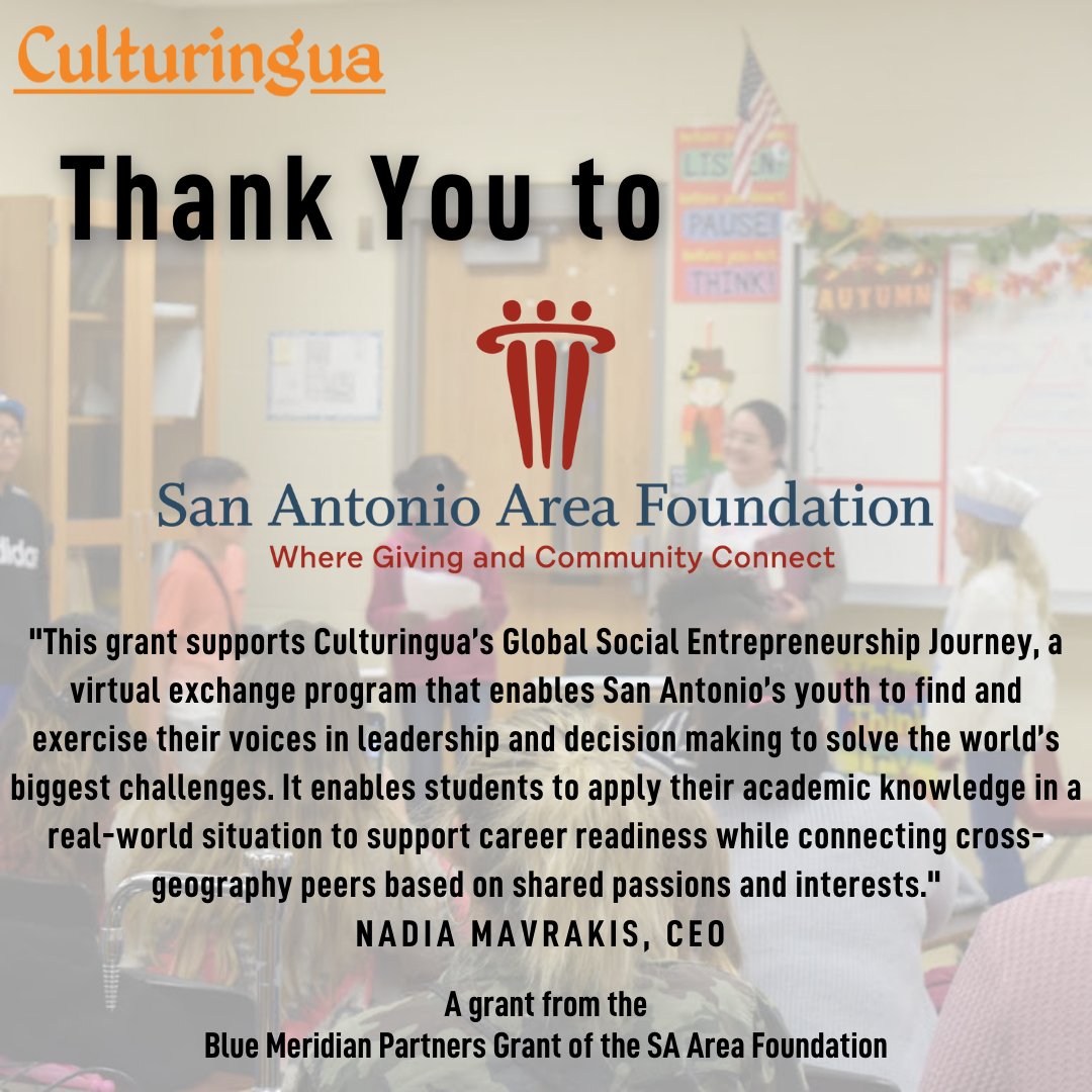 Thank you to the @SAAFdn and @bluemeridianp of the SA Area Foundation for this grant in support of our mission.

 Click the link below to learn more!

saafdn.org/empowering-you…

#nonprofit#grant#saareafoundation#arabamericanculture#languageandculture