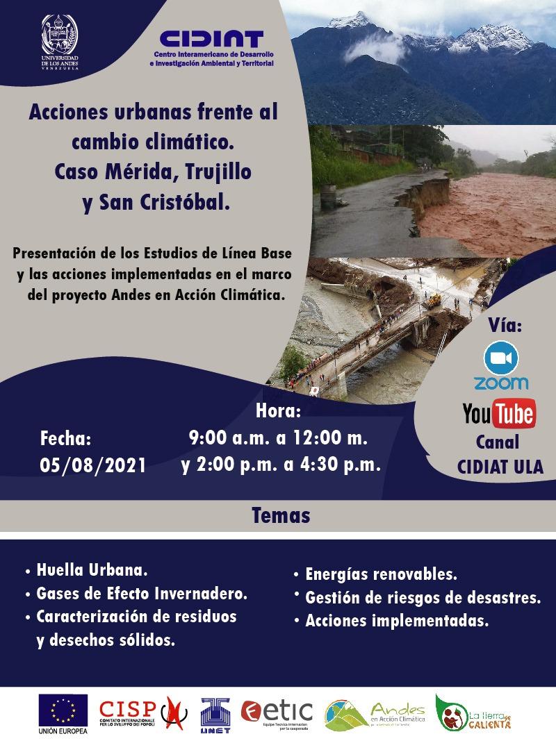 El CIDIAT ULA, CISP, la UNET, el Grupo ETIC y la ONG La Tierra se Calienta, los invitan este jueves 5 de agosto al Seminario Virtual "Acciones Urbanas frente al Cambio Climático, casos: Mérida, Trujillo y San Cristóbal" <a href="/CispVenezuela/">Cisp Venezuela</a> <a href="/ULA_Venezuela/">Univ. de Los Andes</a> <a href="/CatalizadorULA/">El Catalizador</a> <a href="/leoperiodista/">Leonardo León</a>