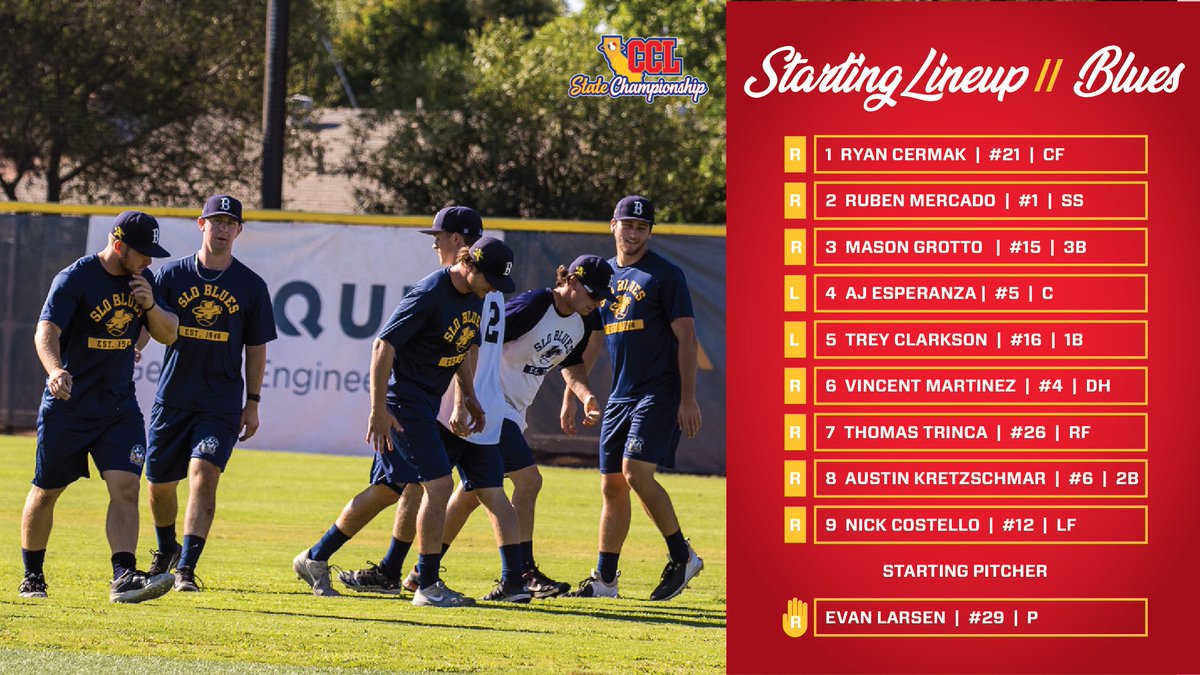 2021 CCL State Championship 🙌 Starting lineup for the @SLO_BluesCCL 📺 Watch live ➡️ bit.ly/3xn9tFh #CCLBaseball // @PlacerTourism @Stones_McCoy @SanJoseStateBSB @FresnoStateBSB @utahbaseball @StanfordBSB