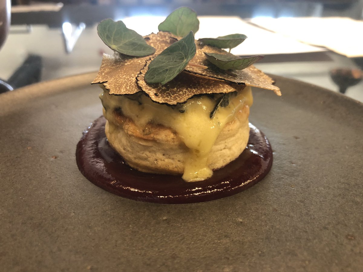 Perl las crumpet, <a href="/welshtruffles/">Matt Sims</a> fig and port puree, nasturtium leaf @beachouseoxwich