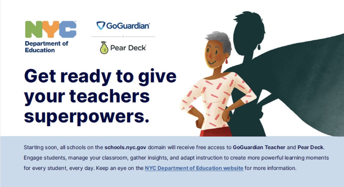 📣📣📣Come September, all schools on the schools.nyc.gov domain will receive free access to GoGuardian Teacher &amp; <a href="/PearDeck/">Pear Deck Learning</a> . Engage students, manage your classroom, gather insights + more!Stay tune for more details and professional developments.