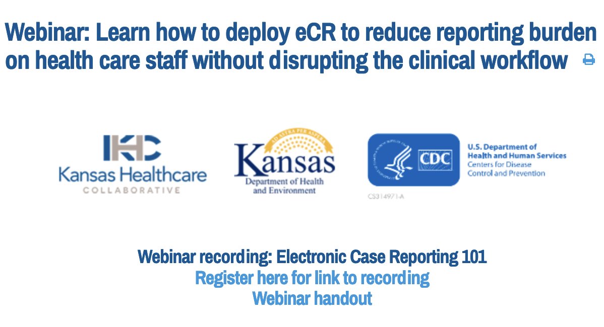 Webinar recording now available: Learn how to deploy #eCR to reduce reporting burden on health care staff without disrupting the clinical workflowwww.khconline.org/eCR #ElectronicCaseReporting —with @KDHE and @CDCgov