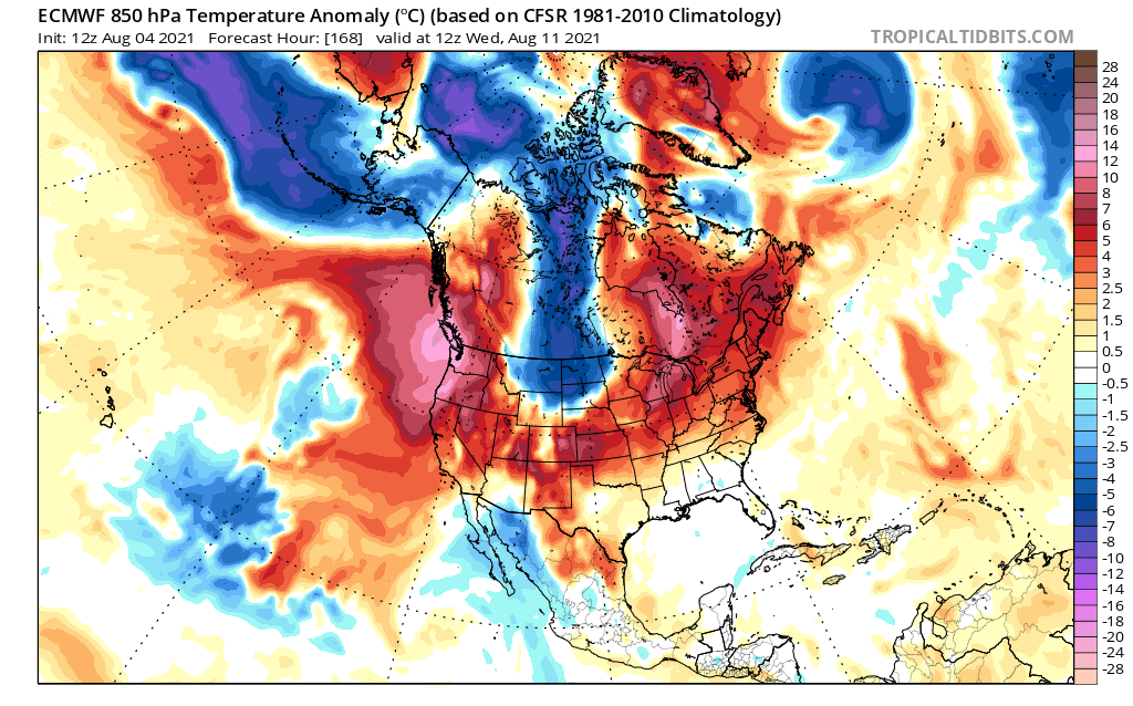 justinhobson85's tweet photo. Today's 12z ECMWF run is still telling the same hot story for next week. #heatwave3 #BCwx #WAwx #ORwx https://t.co/FnIA43bDoD