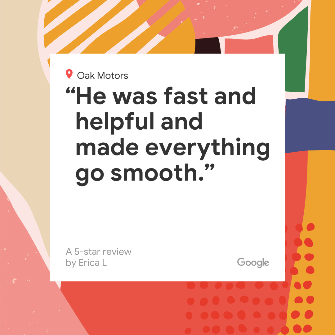 OakMotors's tweet photo. Thank you for the awesome #review, Erica! We pride ourselves on providing excellent #customerservice, and it's great to see that was the case during your visit. https://t.co/UdiQrD1oRW