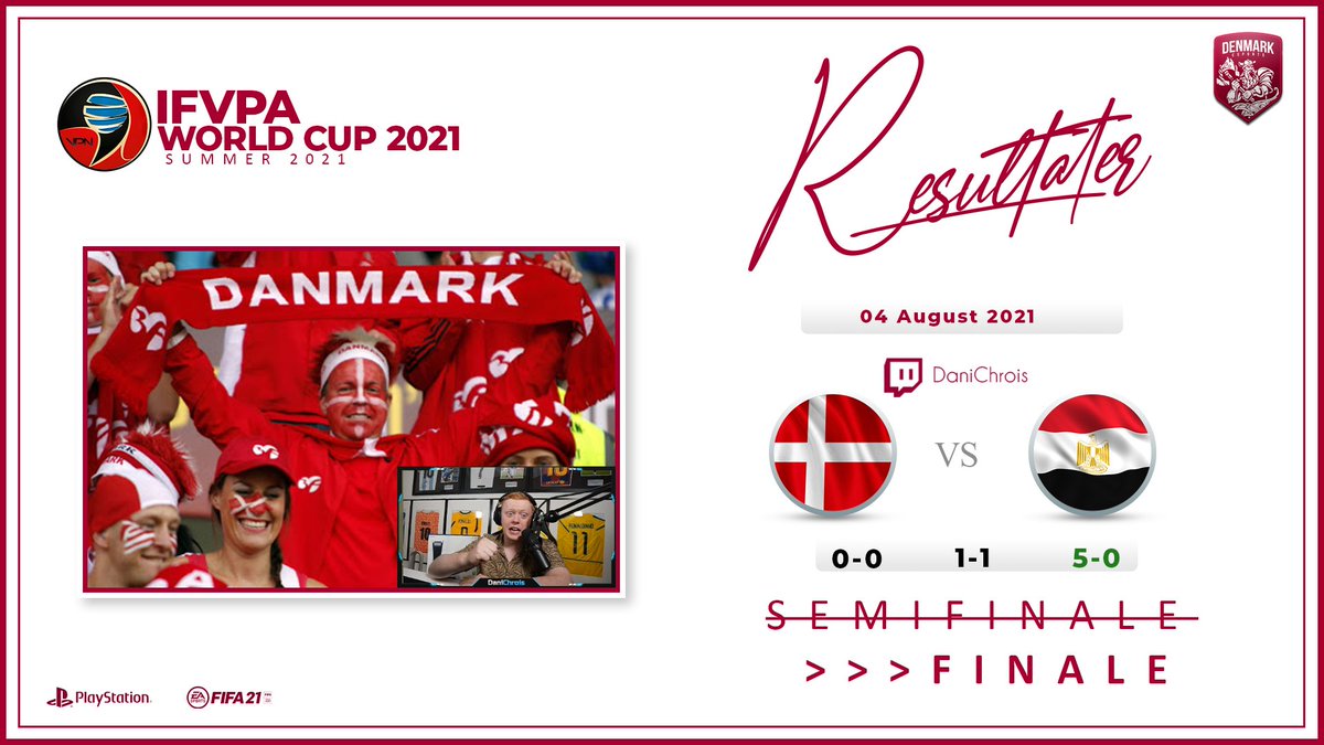 VI ER KLAR TIL EM FINALE OG VM FINALE PÅ SØNDAG!
 
🏆 | <a href="/iFVPA/">iFVPA</a> World Cup 2021 - Semifinale
🆚 | <a href="/Egypt_NT/">Egypt NT</a> 🇪🇬
✅ | 6-1 (0-0 &amp; 1-1 &amp; 5-0)

⚽️ x3 @Emil_sorensen17 
⚽️ x1 @xBis64_ 
⚽️ x1 <a href="/Truelsen96/">Truel</a> 
👟 x2 <a href="/Randrupr18/">René Randrup</a> 

#ForDanmark #DrengeDrøm