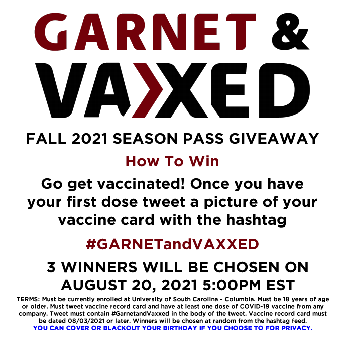 Nice slogan <a href="/UofSCSGPres/">Emmie Thompson</a>. We're giving away 3 season passes! Go get vaccinated! Details in the picture below. @UofSC_UHS <a href="/UofSCSG/">UOFSC STUDENT GOVERNMENT</a> <a href="/UofSCstudents/">USC Students</a> <a href="/UofSCIFC/">USC IFC</a> @BarstoolUofSC