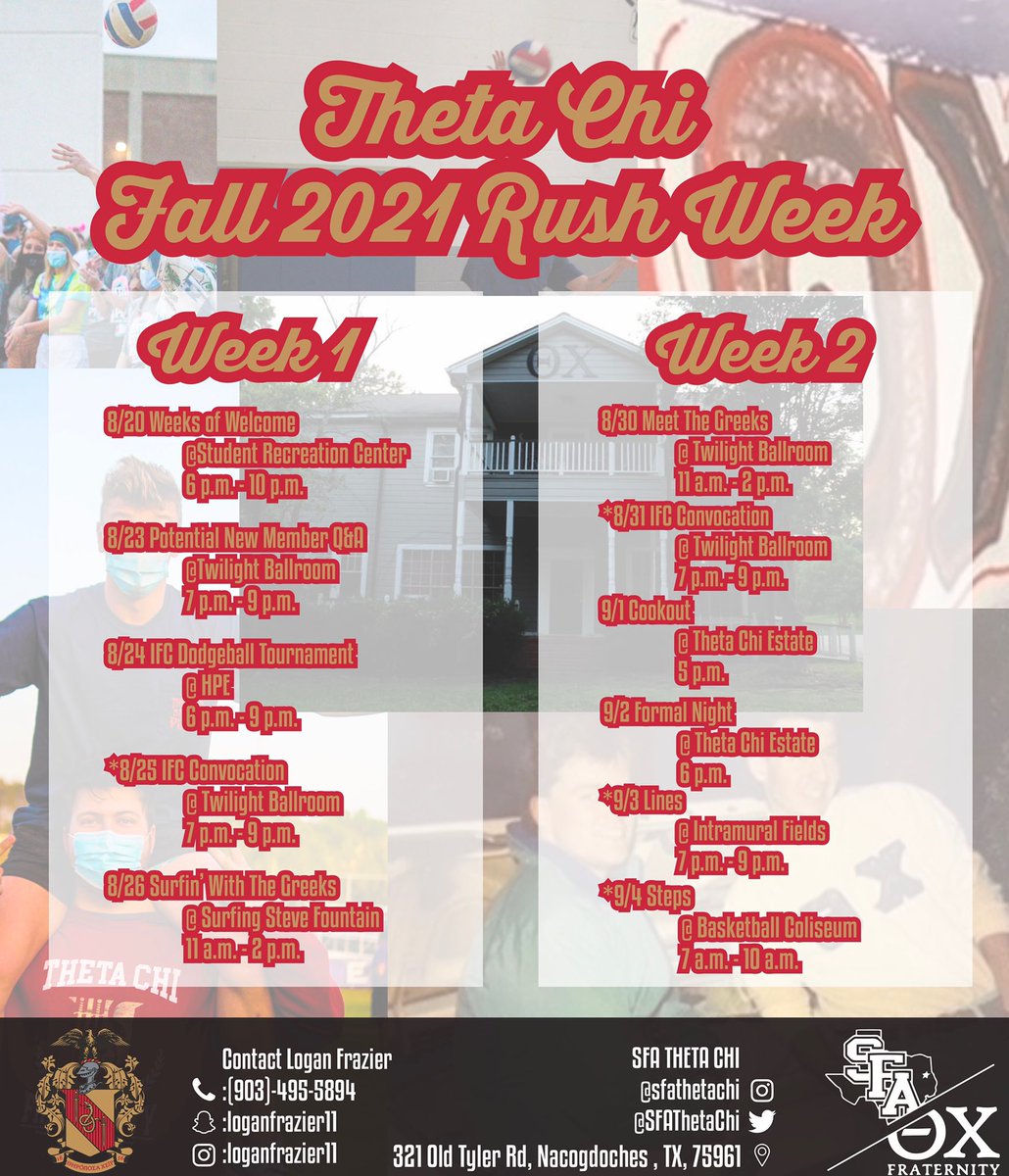 Rush Theta Chi! Here is an updated schedule and we hope to see you out to these events! Contact our recruitment chair , Logan Frazier, for any questions!
.
.
.
#sfasu #sfathetachi #sfa25 #sfa2025